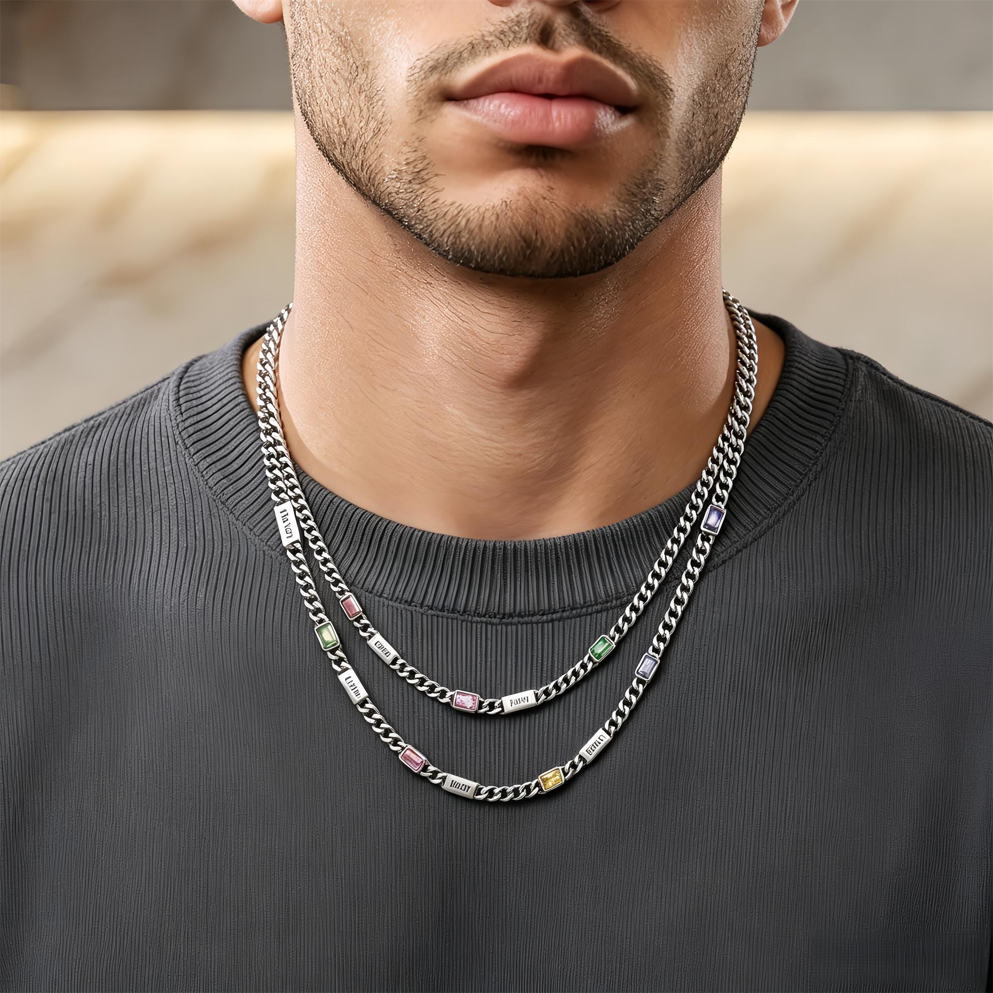 Custom Men Necklace with Kids Name, Personalized Mens Birthstone…
