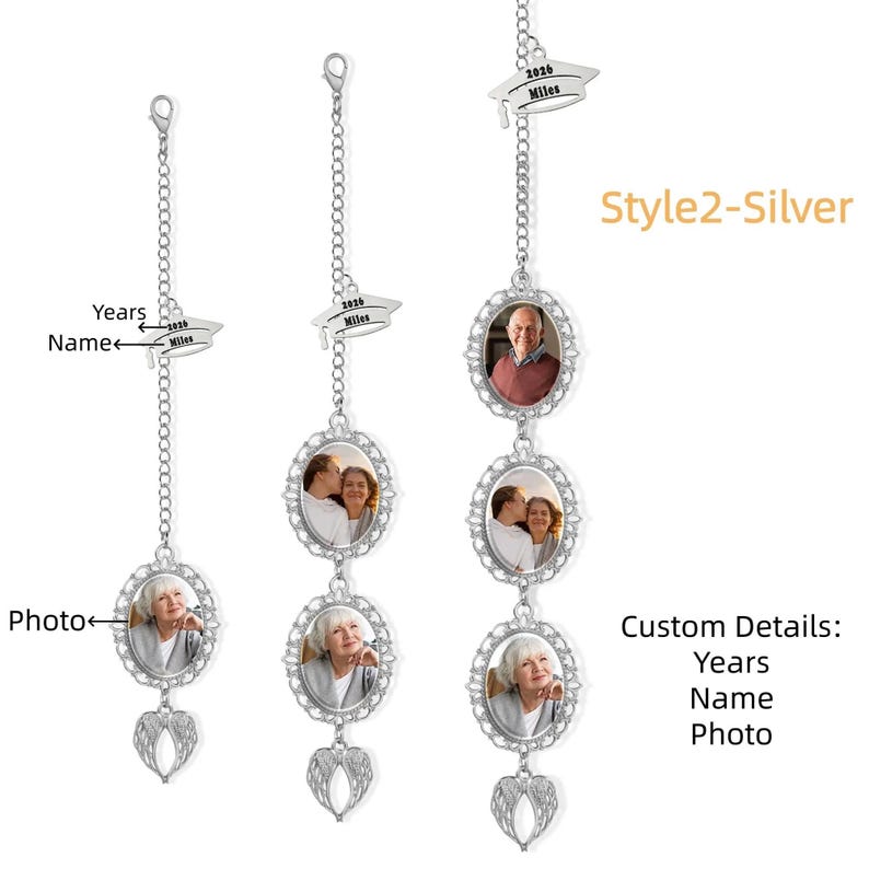 Borla de formatura personalizada com 1 a 3 fotos, borla comemorativa de formatura com asas de anjo, borla personalizada para chapéu de formatura, presente de formatura Style2-Silver
