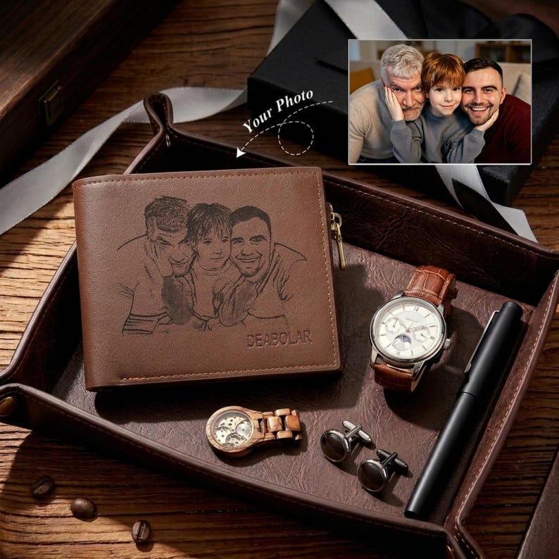 May include: A brown leather wallet with a custom engraved photo of three people, a wristwatch with a brown leather band, a wooden watch, cufflinks, and a pen, all arranged on a leather tray.