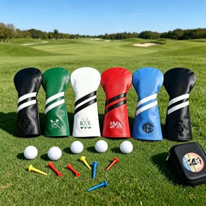 Könnte beinhalten: Eine Auswahl an Golfzubehör auf einem grünen Rasen. Das Bild zeigt sechs farbige Golfschlägerhauben in Schwarz, Grün, Weiß, Rot, Blau und Schwarz, jede mit einem einzigartigen Design. Golfbälle und Tees sind ebenfalls angeordnet, zusammen mit einem kleinen schwarzen Etui.