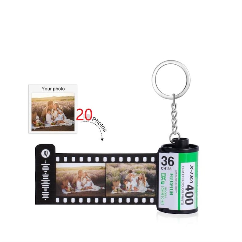 Customizable Film Photo Keychain with Music Code ,Personalize with 5-20 Photos,Camera Roll Gift,Gift for Boyfriend, Family , Memory Gift 20 photos
