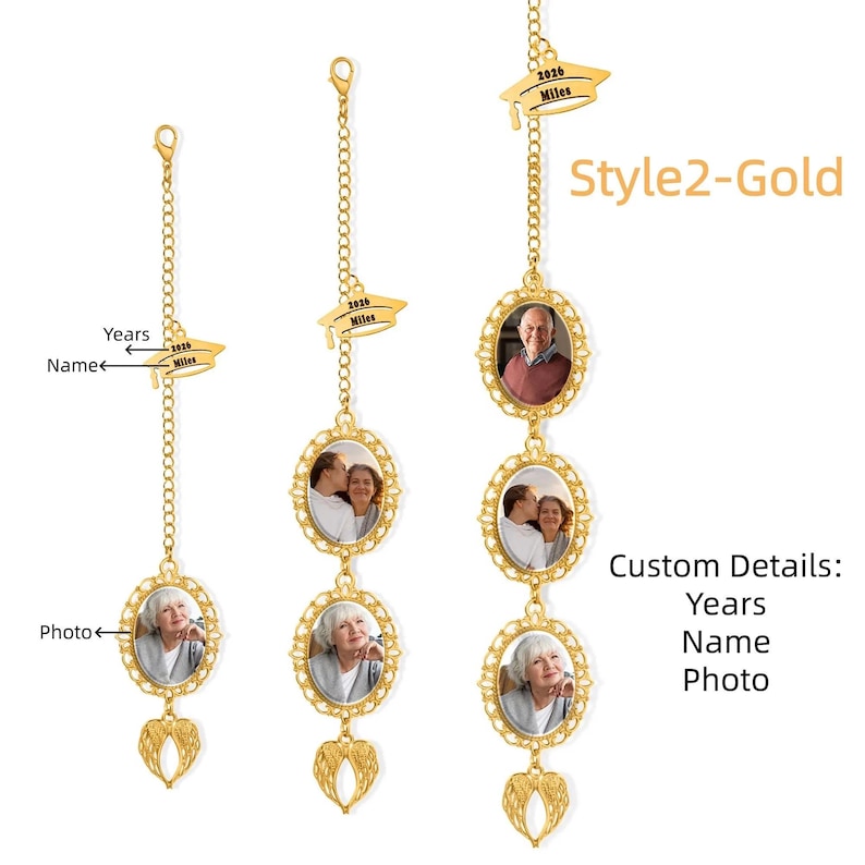 Borla de formatura personalizada com 1 a 3 fotos, borla comemorativa de formatura com asas de anjo, borla personalizada para chapéu de formatura, presente de formatura Style2-Gold