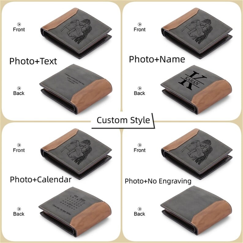 May include: A collection of personalized wallets in various styles. The front of each wallet features a photo engraving of a couple. The back of the wallets have text, a name, a calendar, or no engraving. The wallets are gray and brown.