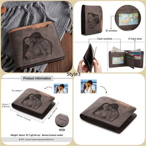 May include: A gray PU leather wallet with a custom engraved image of a couple. The wallet has a brown accent, cash pockets, six card slots, and an ID window. Dimensions are approximately 4.72 inches wide, 3.90 inches high, and 0.98 inches thick. The wallet weighs about 2.04 ounces.