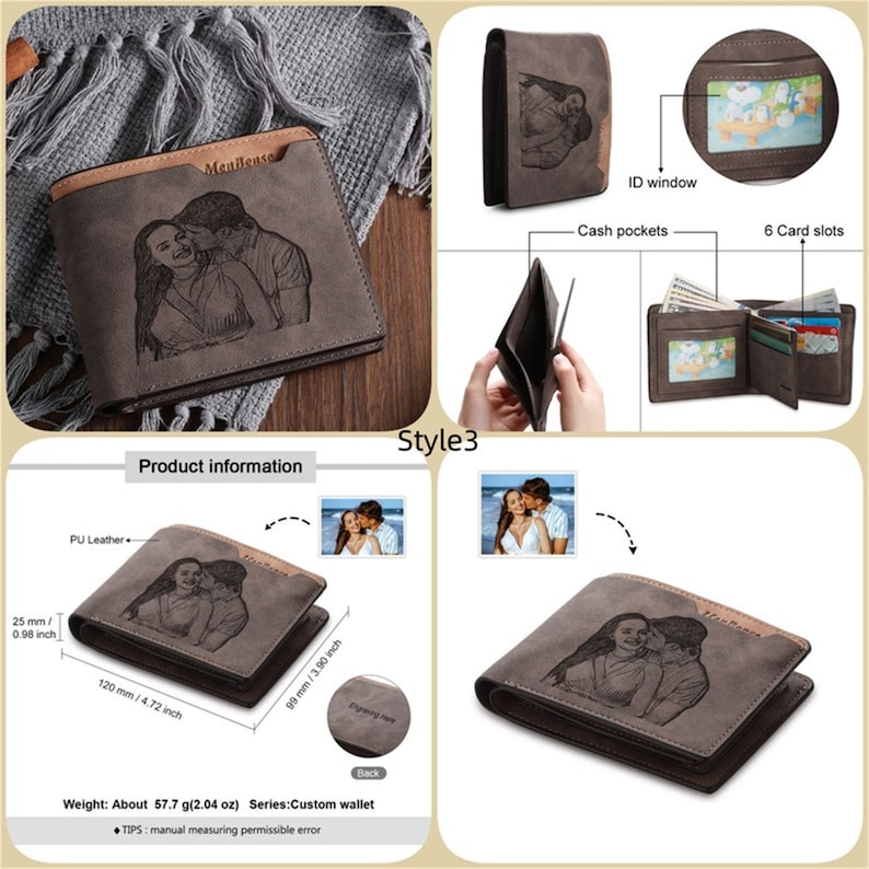 May include: A gray PU leather wallet with a custom engraved image of a couple. The wallet has a brown accent, cash pockets, six card slots, and an ID window. Dimensions are approximately 4.72 inches wide, 3.90 inches high, and 0.98 inches thick. The wallet weighs about 2.04 ounces.