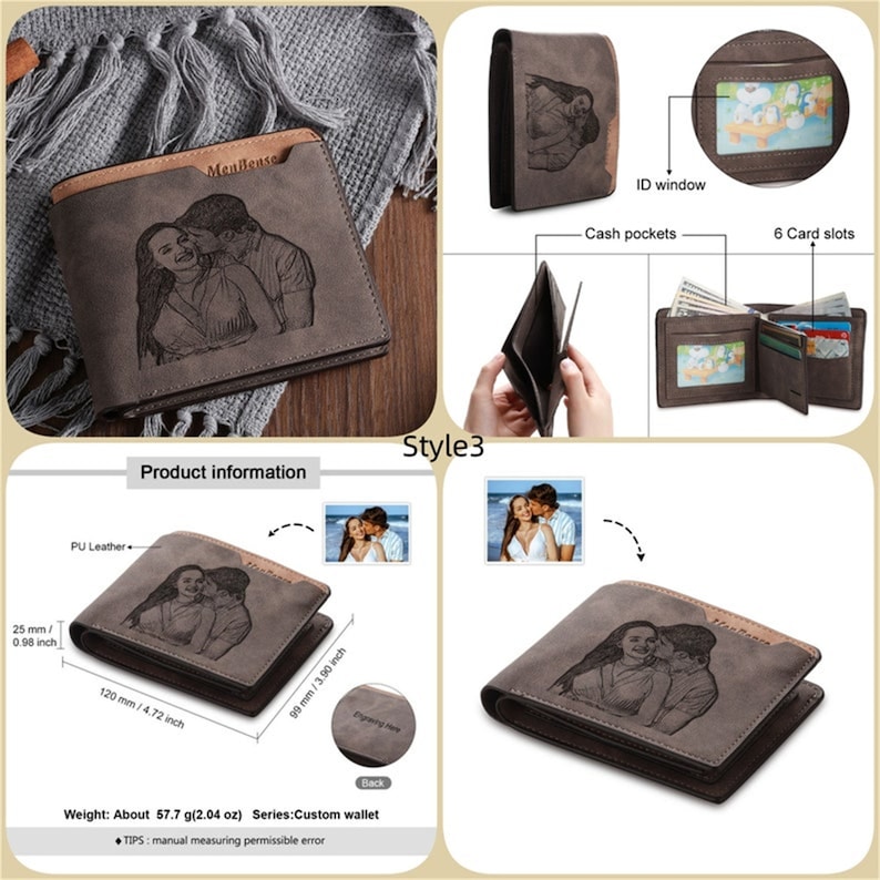 Personalisierte benutzerdefinierte Foto Herren Brieftasche, gravierte Bild Brieftasche, PU-Leder Brieftasche, Erinnerungsgeschenk, Jahrestagsgeschenke für ihn, Weihnachtsgeschenk für Papa Style3