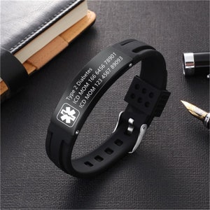 Customized Silicone Medical Alert Bracelet,Engraved Medical Information and Alert ID,Sporty Wristband for Epilepsy, Heart Disease Patients