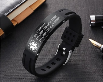 Customized Silicone Medical Alert Bracelet,Engraved Medical Information and Alert ID,Sporty Wristband for Epilepsy, Heart Disease Patients