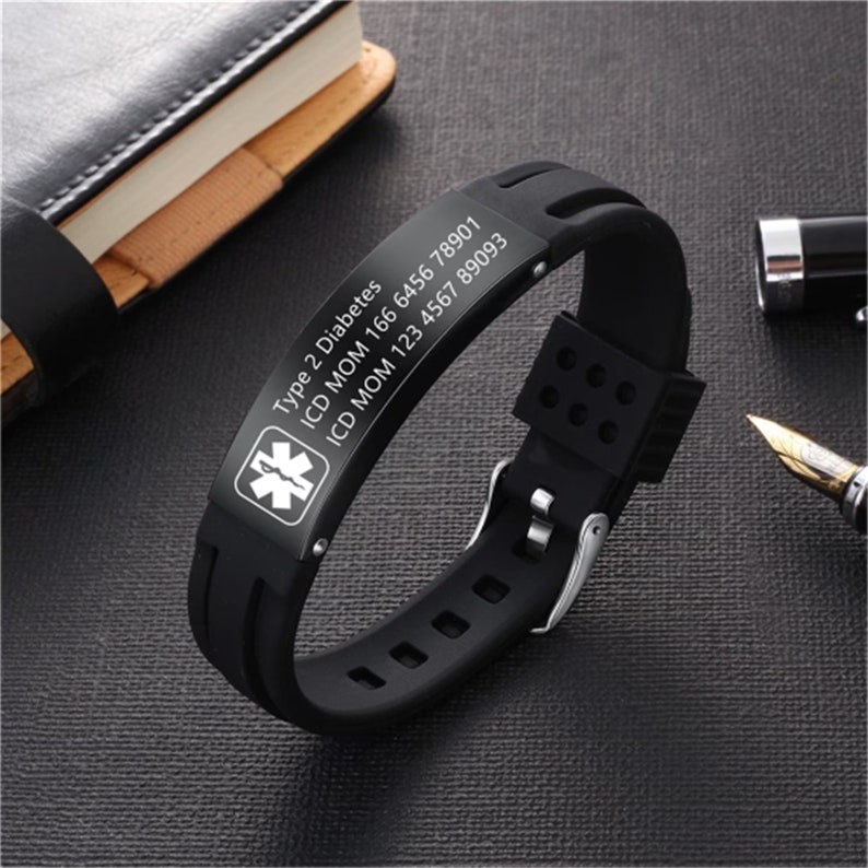 Customized Silicone Medical Alert Bracelet,Engraved Medical Information and Alert ID,Sporty Wristband for Epilepsy, Heart Disease Patients Black