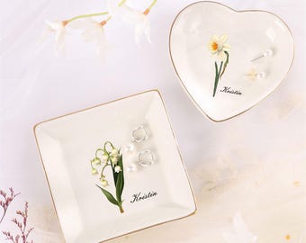 Gepersonaliseerde geboorte bloem trinket schotel, aangepaste naam bloem sieraden schotel, kleurrijke bloem ring schotel, cadeaus bruidsmeisje, Moederdagcadeaus