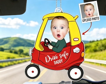 Personalized 1-4 Kid Photos Car Hanger, Drive Safe Daddy Acrylic Car Ornament, New Dad Gift, New Driver Gift,  Baby Photo Gift for Husband