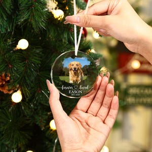 Peut inclure: Ornement de Noël rond et transparent avec une photo d'un chien golden retriever. L'ornement porte l'inscription "forever loved", le nom "Eason" et les années 2013-2023. Il est suspendu par un ruban blanc.