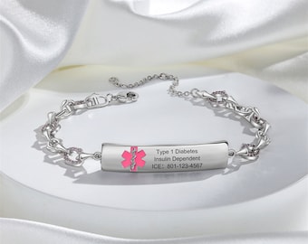 Personalize Women Medical Alert Bracelet,Front and Back Large Capacity Engraving-Medical Emergency ID Bracelet for Epilepsy,Allergy,Diabetes