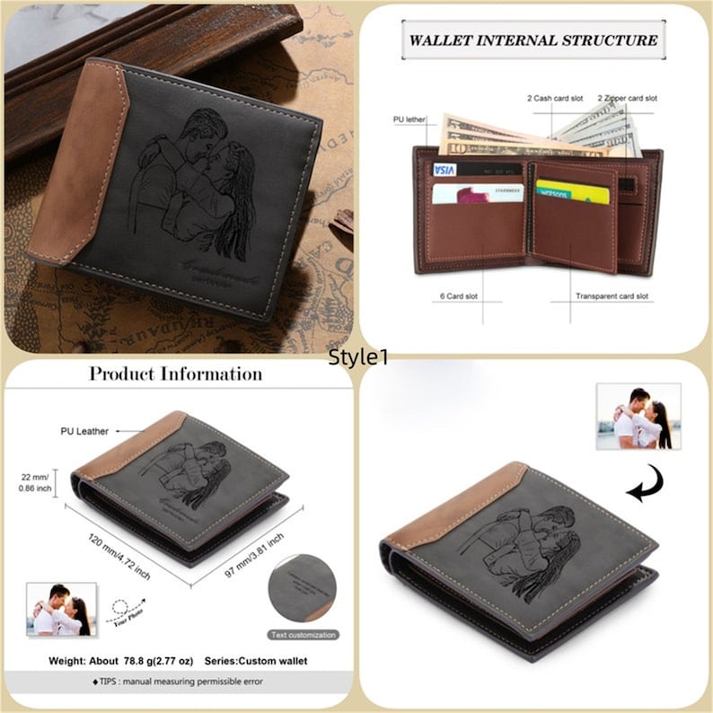 May include: A personalized bi-fold wallet with a custom engraved image of a couple kissing. The wallet is gray and brown, made of PU leather, and measures 4.72 x 3.81 inches. It features multiple card slots and a cash slot.
