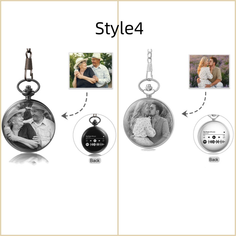 Op de afbeelding: Een zilveren zakhorloge met een zwart-witfoto van een stel op de voorkant en een zwart-witte muziekspeler met een songtitel op de achterkant. Het horloge heeft een ketting.