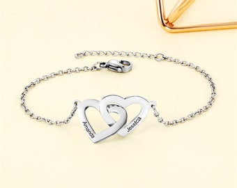 Pulsera de corazón con nombre grabado personalizado, pulsera minimalista con dos corazones para personalizar el nombre, joyería para mujer, regalo de aniversario para novia.