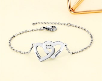 Bracciale cuore personalizzato con nome inciso, bracciale minimalista con due cuori per gioielli personalizzati con nome-donna, regalo di anniversario per fidanzata