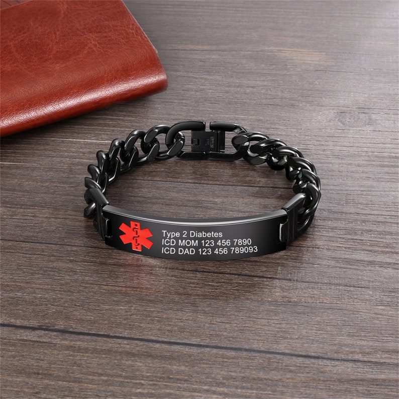 Bracelet D'Urgence Alerte Médicale Personnalisé Gravé Acier Inoxydable 21 Cm Réglable
