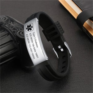Customized Silicone Medical Alert Bracelet,Engraved Medical Information and Alert ID,Sporty Wristband for Epilepsy, Heart Disease Patients Silver