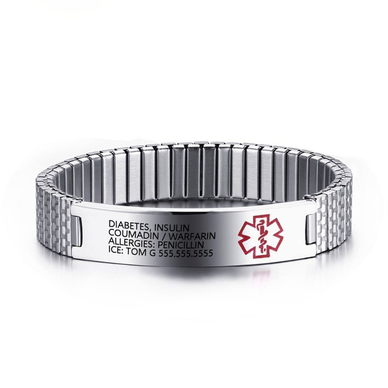 Personalized Medical Alert Bracelet for Men,Including Medical Information and Contact ID,Gift for Epilepsy, Hypertension, Dizziness Patient Silver