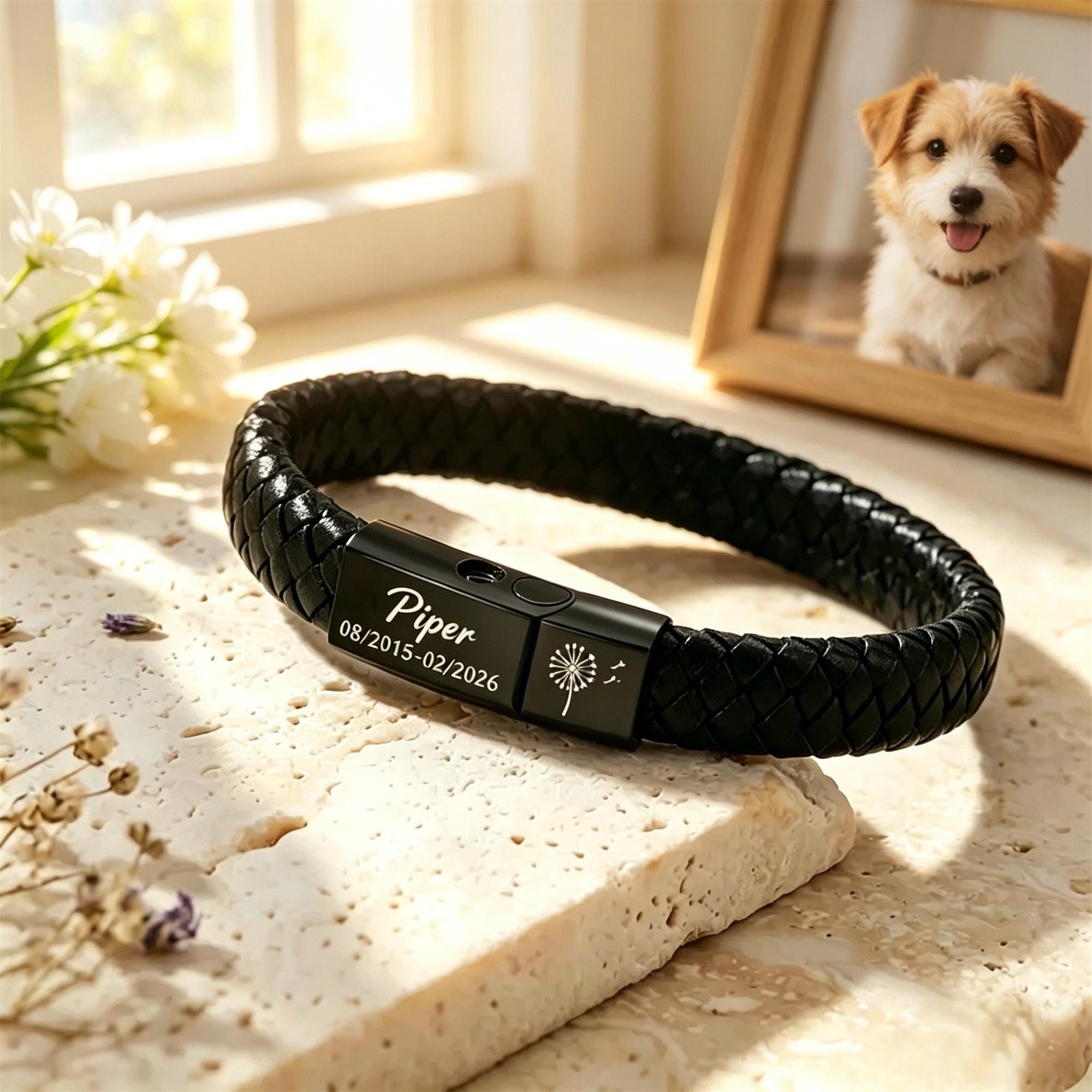 Personalized Ashes Urn Bracelet, Mens Leather Cremation Bracelet, Dog Cat Pet Memorial Ashes Keepsake Gift, Sympathy Gifts for Him