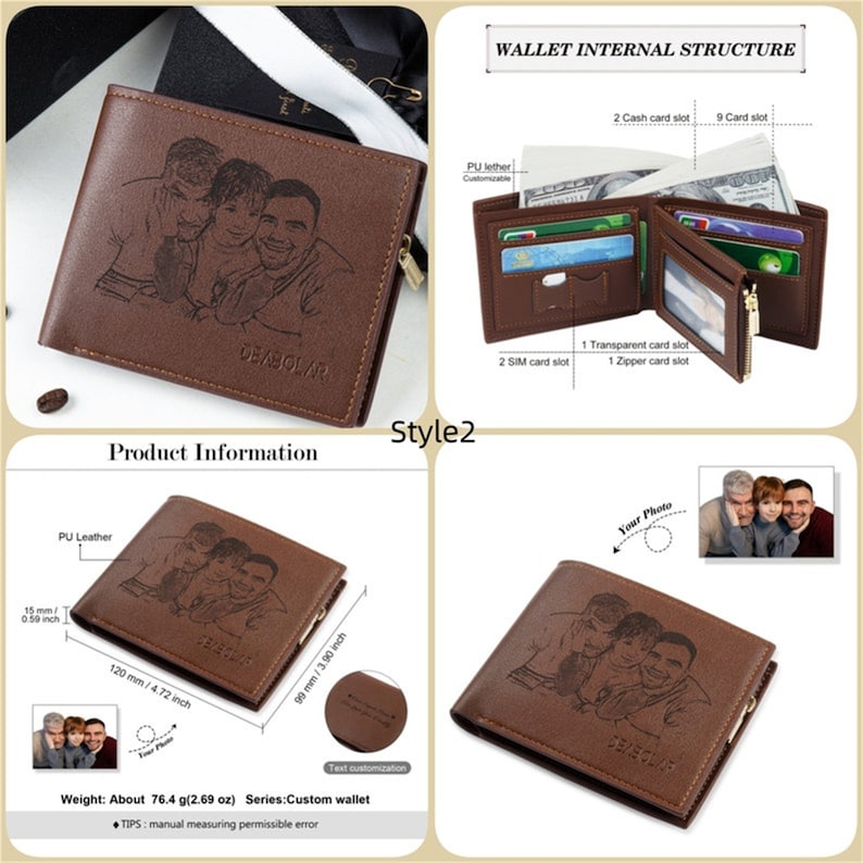 May include: Brown PU leather wallet with a custom engraved photo of three people. The wallet has a zipper closure and multiple card slots. Dimensions are approximately 4.72 inches by 3.90 inches.