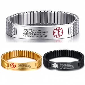 May include: Three medical alert bracelets with expandable metal bands in silver, gold, and black. Each features a rectangular plate engraved with the text: DIABETES, INSULIN, COUMADIN / WARFARIN, ALLERGIES: PENICILLIN, ICE: TOM G 555.555.5555 and a red star symbol.