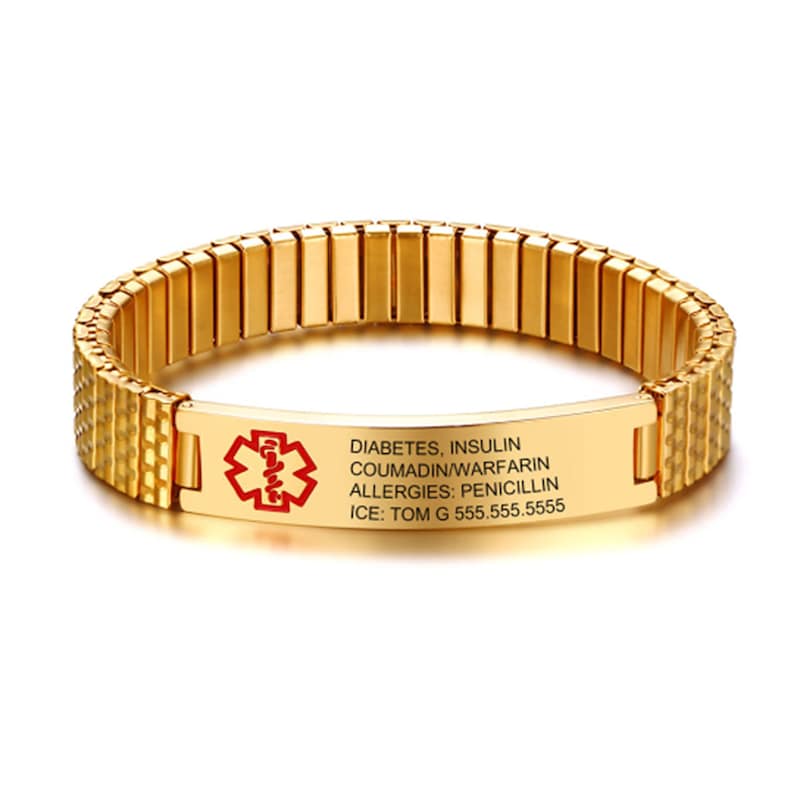 Personalized Medical Alert Bracelet for Men,Including Medical Information and Contact ID,Gift for Epilepsy, Hypertension, Dizziness Patient Gold