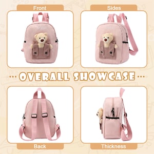May include: A light pink backpack featuring a plush teddy bear peeking out from a brown corduroy front pocket. The bag includes adjustable pink shoulder straps, a top handle, and black zippers. The word Vinona is embroidered in white on the front.