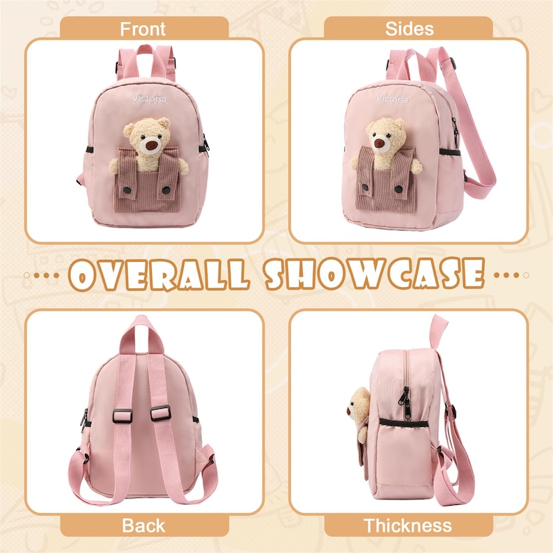 May include: A light pink backpack featuring a plush teddy bear peeking out from a brown corduroy front pocket. The bag includes adjustable pink shoulder straps, a top handle, and black zippers. The word Vinona is embroidered in white on the front.