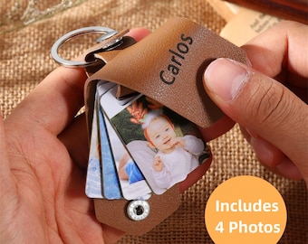 Personalised Multi-Photo Leather Keychain,Custom 1-4 Photos Keyring,Picture Keychain, Anniversary Gift for Him, Gifts for Dad Husband
