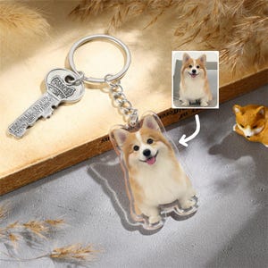 May include: A clear acrylic corgi dog keyring with a light brown and white coat, attached to a silver key and a metal ring. The key has the text "MASTER" and "SOLD ALL OVER THE WORLD".
