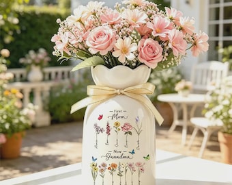 Personalized First Mom Now Grandma Flower Vase, Custom Birth Month Flower Vase with Grandkids Name, Mom/Nana/Grandma Gift, Mothers Day Gift