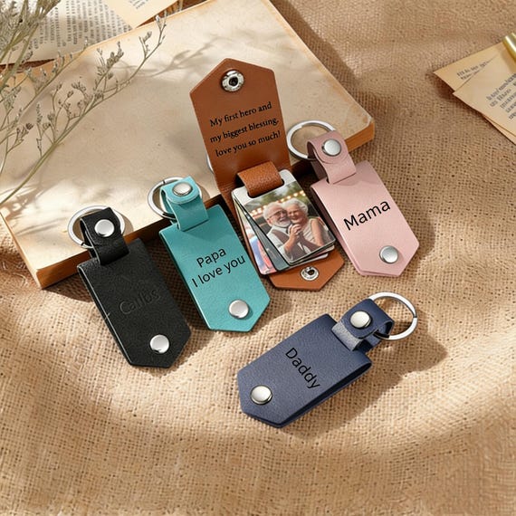 Personalized Mens Leather Keychain with Photo, Metal Tag Photo Keychain, Engraved key chain, Anniversary Birthday Gift for Him,Boyfriend