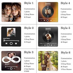 May include: A collection of six personalized music-themed gifts. Each design features a photo, song name, and artist, with options for two names, and dates. Styles include photos of couples and the text "Because You Live", "Love Story", and "Best Day".