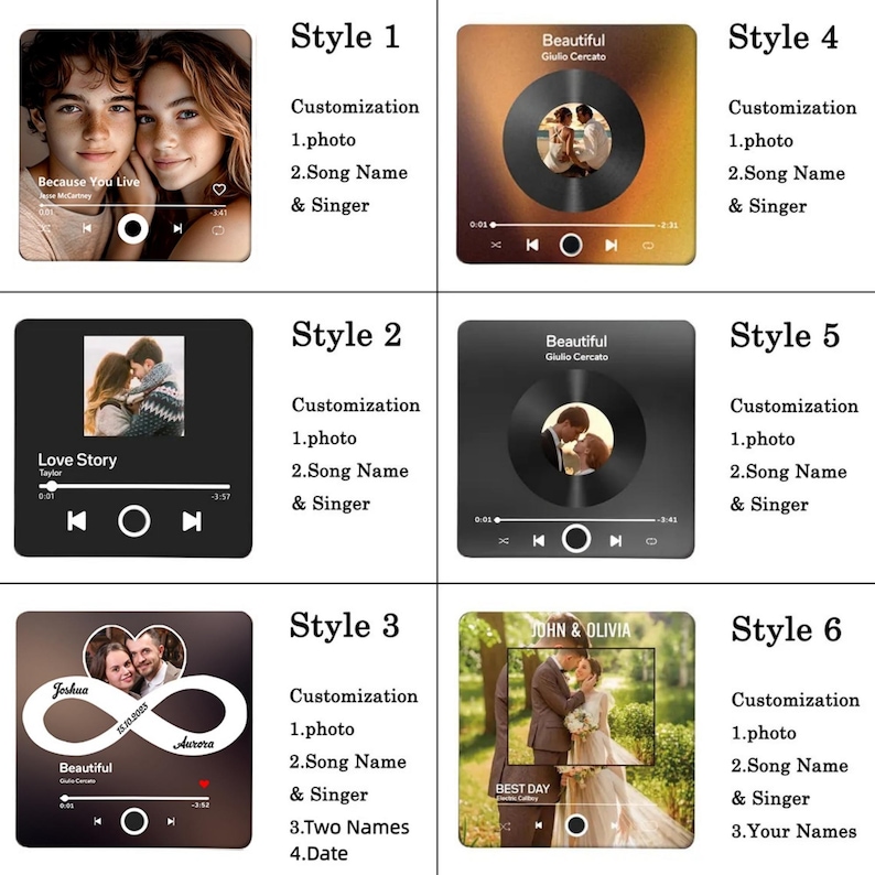 May include: A collection of six personalized music-themed gifts. Each design features a photo, song name, and artist, with options for two names, and dates. Styles include photos of couples and the text "Because You Live", "Love Story", and "Best Day".
