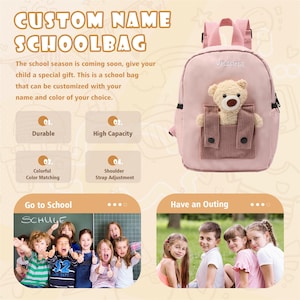 May include: A light pink schoolbag featuring a plush teddy bear attached to a front corduroy pocket. The bag has adjustable shoulder straps, a top handle, and the name Victoria embroidered in white thread on the upper front section.