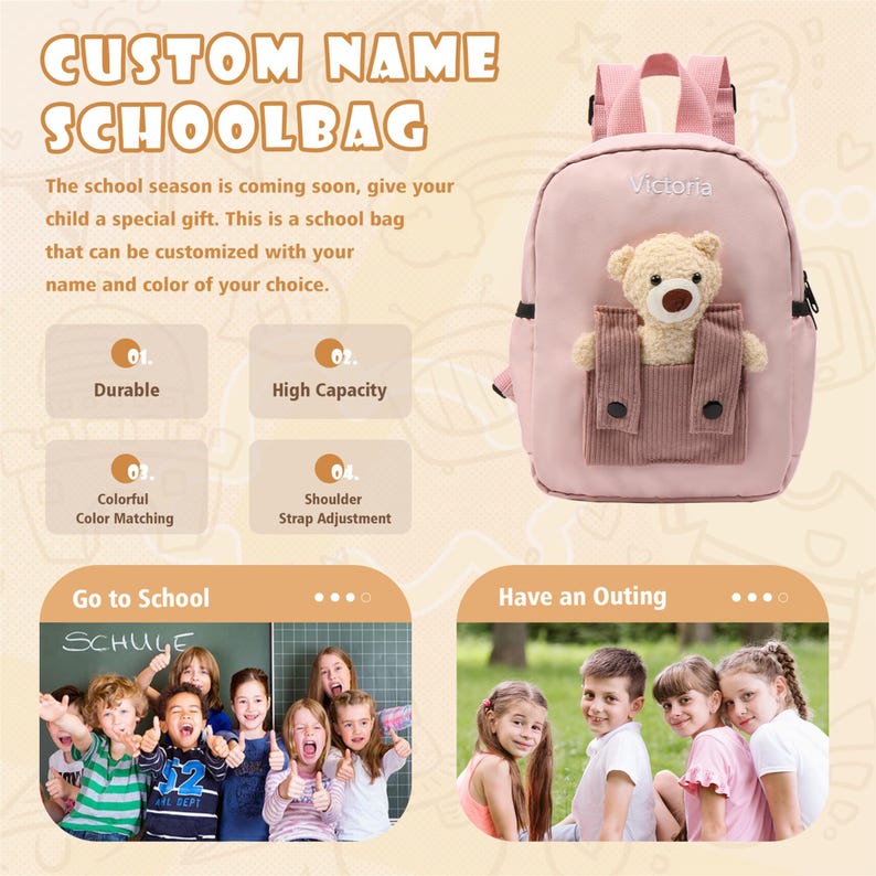 May include: A light pink schoolbag featuring a plush teddy bear attached to a front corduroy pocket. The bag has adjustable shoulder straps, a top handle, and the name Victoria embroidered in white thread on the upper front section.