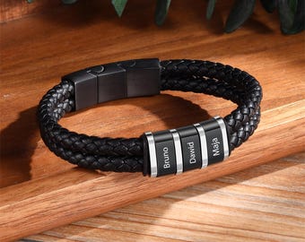 Personalized Men Leather Bracelet with Name,Custom Name Bead Bracelet,Kids Names Bracelet, Gifts for Dad, Him, Fathers Day Gift,Men Bracelet