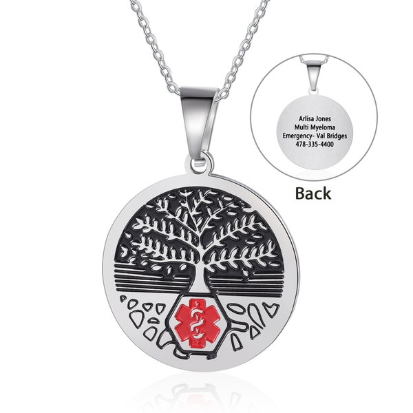 Personalized Medical Necklace,Tree of Life Pendant Necklace- Custom Emergency Alert Medical Information,Gift for dad,mom and Grandparents