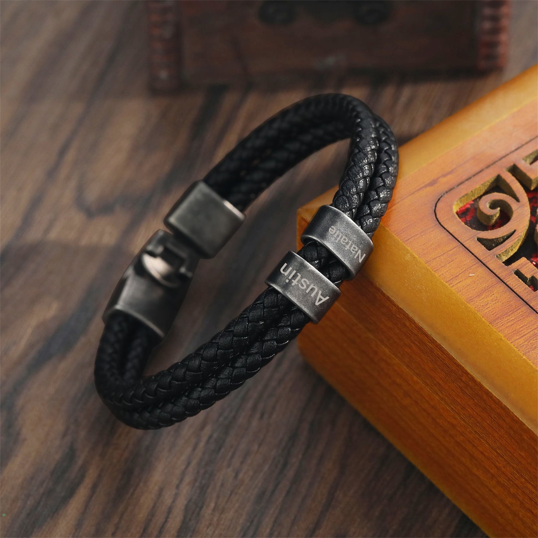 Personalized Mens Leather Bracelet With 15 Names,custom Bead Bracelet