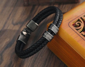 Personalized Mens Leather Bracelet with 1-5 Names, Custom Name Bead Bracelet, Kids Names Bracelet, Gifts for Dad, Him, Fathers Day Gift