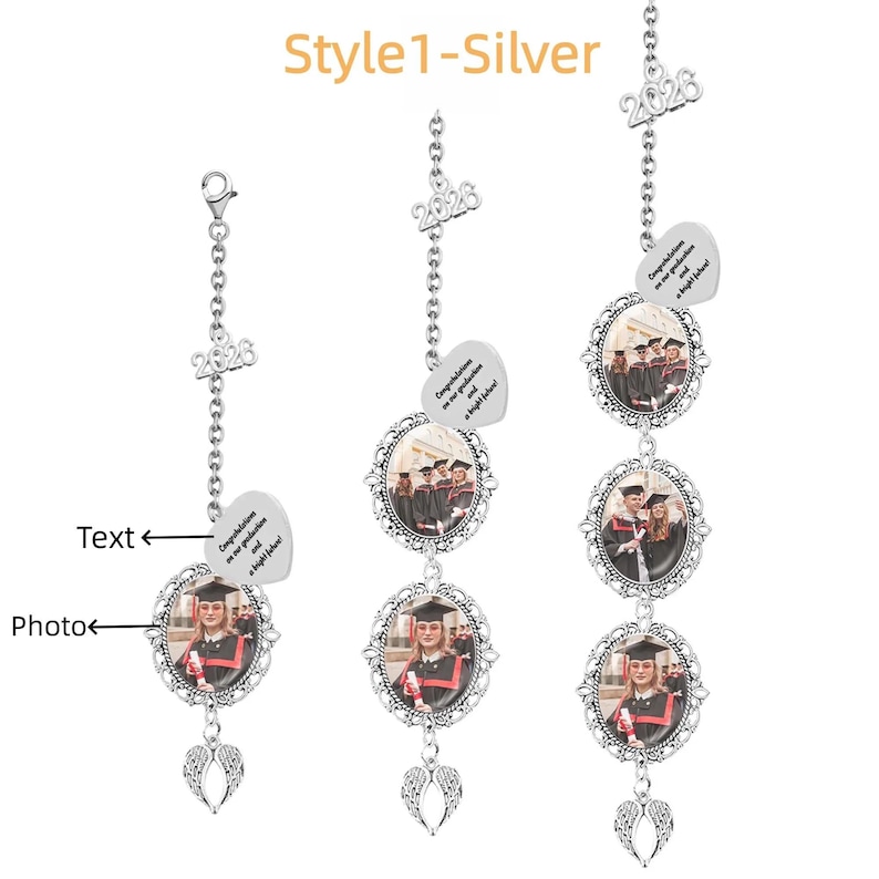 Borla de formatura personalizada com 1 a 3 fotos, borla comemorativa de formatura com asas de anjo, borla personalizada para chapéu de formatura, presente de formatura Style1-Silver