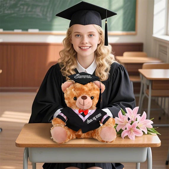 Personalized Graduation Bear 2025 - Custom Text Teddy Bear With Cap & Gown, 8 Inch Plush Gift