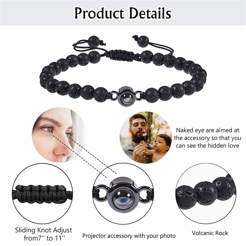 May include: Black lava rock beaded bracelet with a sliding knot closure. The bracelet features a small metal projector charm that reveals a hidden image when viewed from a specific angle. The bracelet is adjustable from 7 to 11 inches.