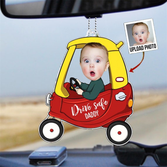Personalized 1-4 Kid Photos Car Hanger, Drive Safe Daddy Acrylic Car Ornament,New Dad Gift,New Driver Gift, Fathers Day Gift for Husband