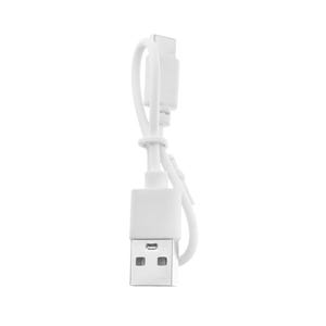 May include: A white USB charging cable with a USB-A connector on one end and a USB-C connector on the other. The cable is looped and tied near the middle, creating a compact design. The connectors are rectangular and made of white plastic.