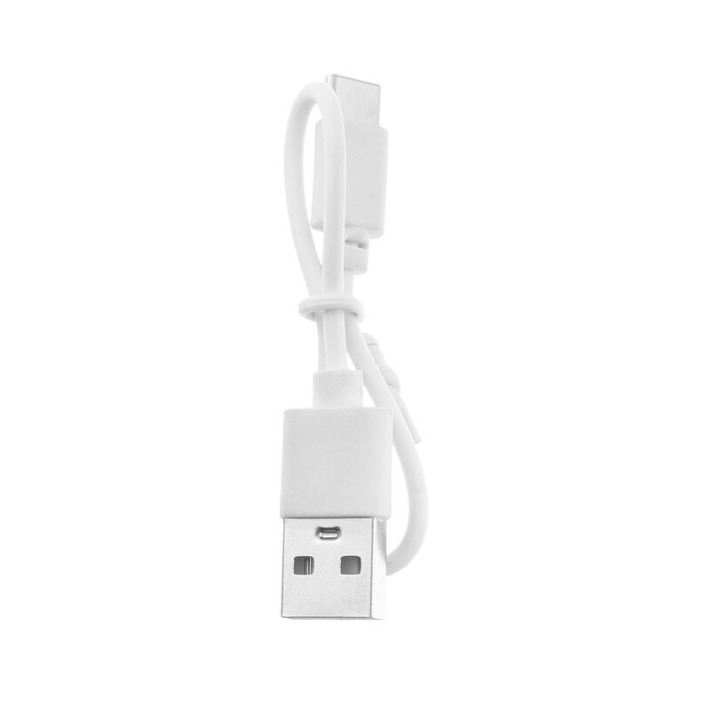 May include: A white USB charging cable with a USB-A connector on one end and a USB-C connector on the other. The cable is looped and tied near the middle, creating a compact design. The connectors are rectangular and made of white plastic.