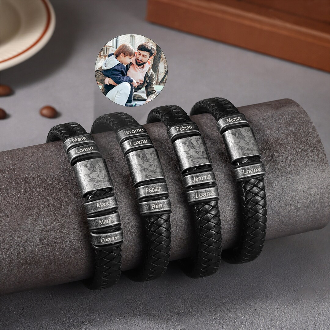 Personalized Men Leather Photo Bracelet,custom With 25 Names,kids Name