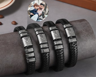 Personalized Men Leather Photo Bracelet,Custom with 2-5 Names,Kid's Name Bracelet,Family Name Bracelet,Gift for Dad,Christmas Gift for Him